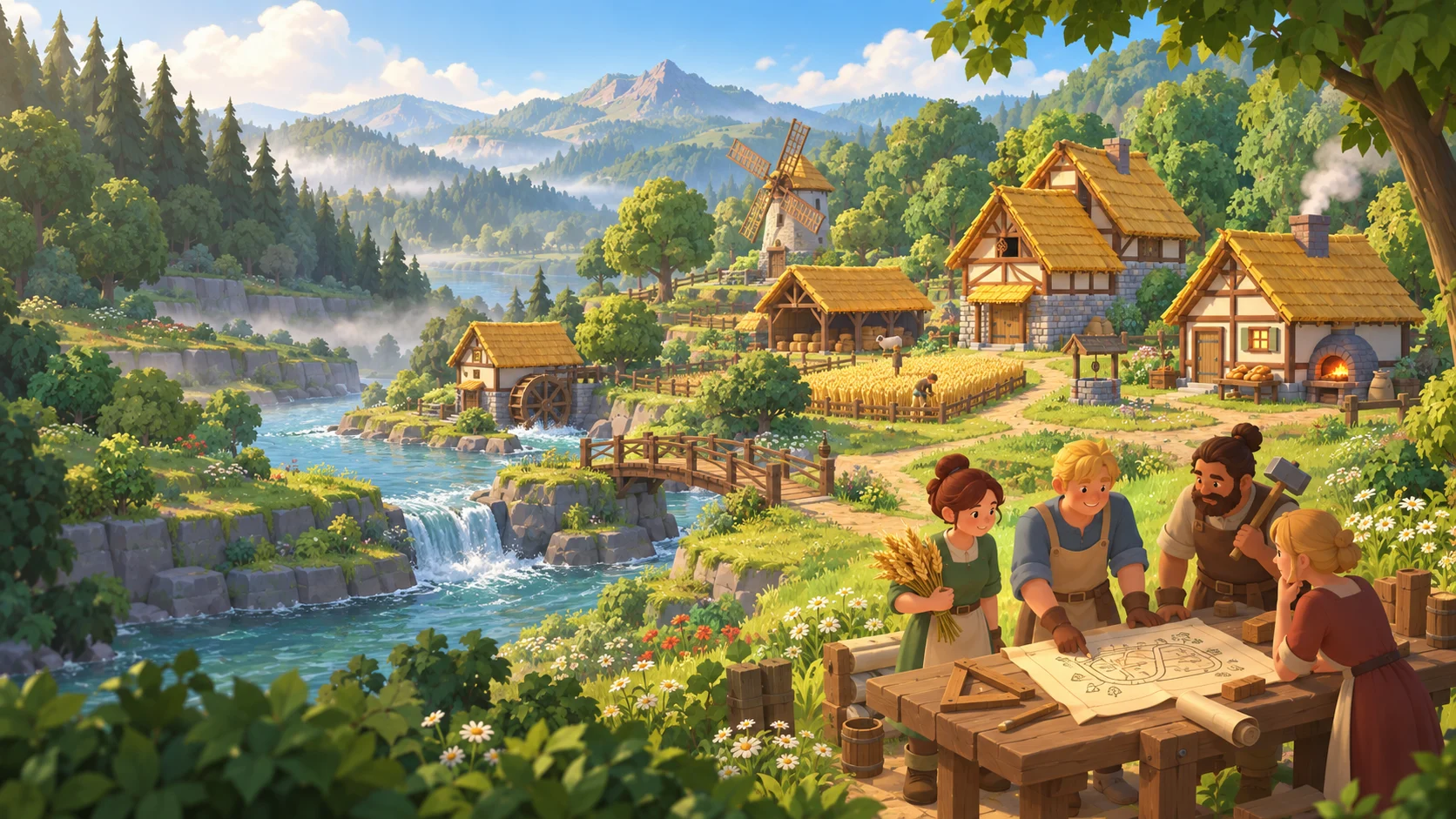 Loopshire concept art showing villagers planning a settlement near a river and watermill